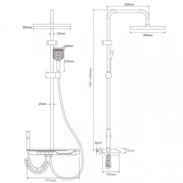 Душова колона зі змішувачем з кнопковим перемикачем з алюмінію ZERIX PBX-009-J GRAPHITE, 4 режими (ZX5851)
