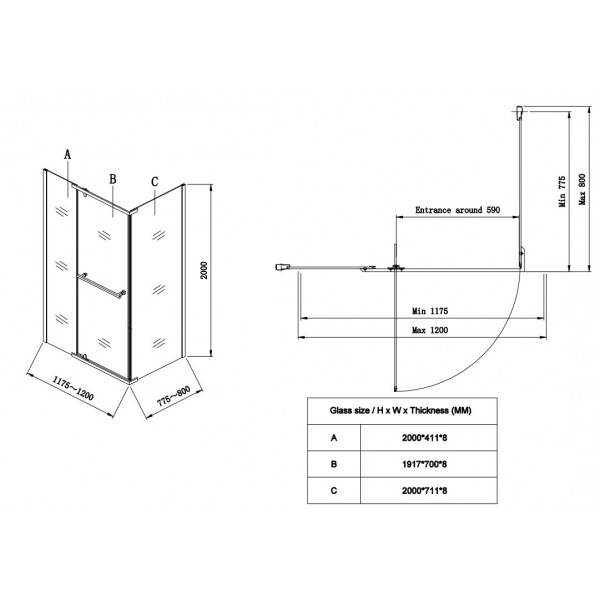 Душова кабіна без піддону Koer SR SC01-120x80x200-TR-01 прозоре скло Easy Clean 8мм, хром (KR5353)
