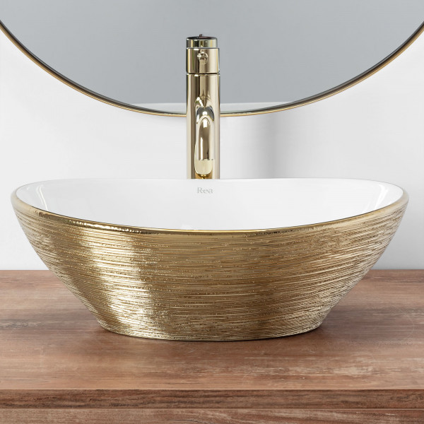 Умивальник (раковина) REA SOFIA BRUSHED GOLD WHITE накладний *