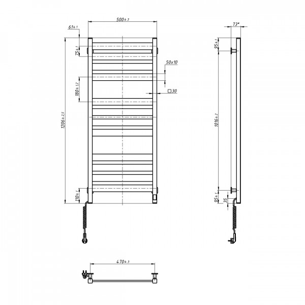Полотенцесушитель Largo 500х1200 Sensor с Wi-Fi, левый с таймером, белый бархат