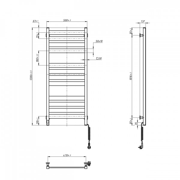 Полотенцесушитель Largo 500х1200 Sensor с Wi-Fi, правый с таймером, белый бархат