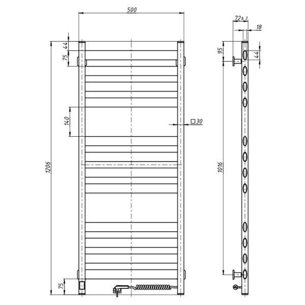 Рушникосушка Ellipse 500х1200 Sensor права, чорний муар