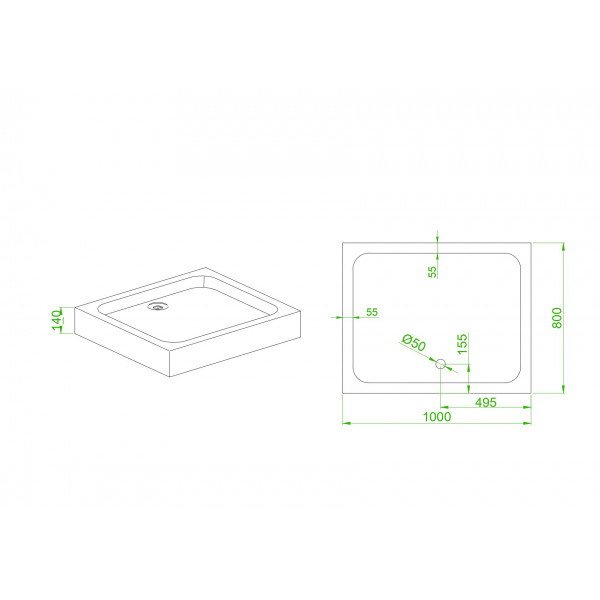 Душовий піддон з сифоном прямокутний Mixxus HARD ST01-100x80x13 NEW діаметр зливу 52 мм (MI8430)