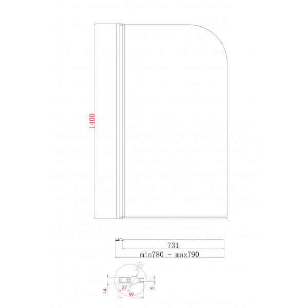 Шторки скляні на ванну Koer SR BS01-80x140-TR-01 прозоре скло 6мм, хром (KR5400)
