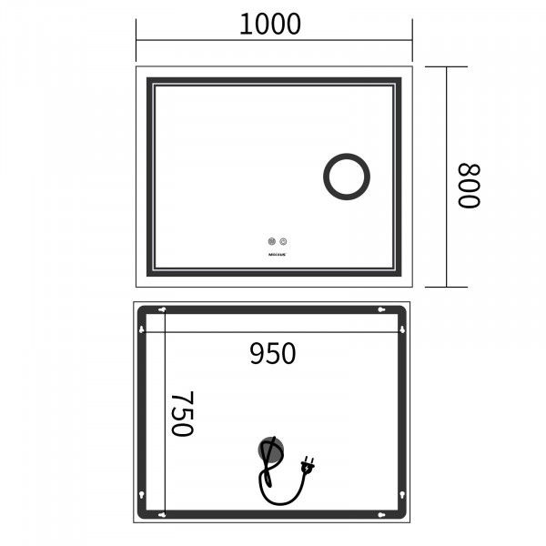Дзеркало Mixxus Premium QUADRO MR20-100x80 з Led Touch, Anti-fog, димером, регулятором яскравості, лінзою (MP6623)