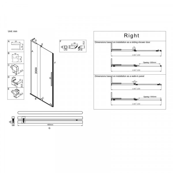 Двері у нішу Walk-In розсувні Koer SR SD07-120x200-R-TR-07 прозоре скло Easy Clean 8мм Графіт (KR5775)