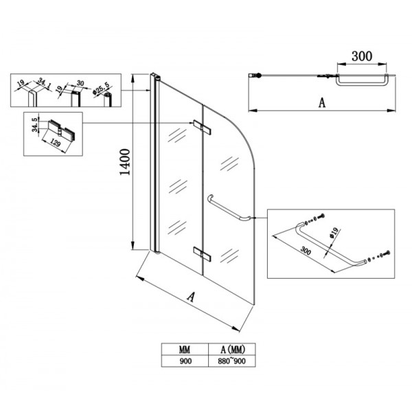 Шторки скляні на ванну Koer SR BS05-90x140-TR-01 прозоре скло Easy Clean 6мм, хром (KR5372)