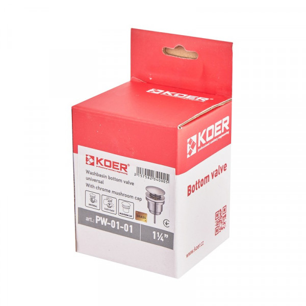 Донний клапан для раковини універсальний (з/без переливу) Koer PW-01-01 автоматичний (Click-Clack) (Колір хром) 1 1/4'' (KR3400)