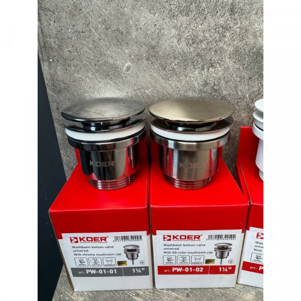 Донний клапан для раковини універсальний (з/без переливу) Koer PW-01-01 автоматичний (Click-Clack) (Колір хром) 1 1/4'' (KR3400)