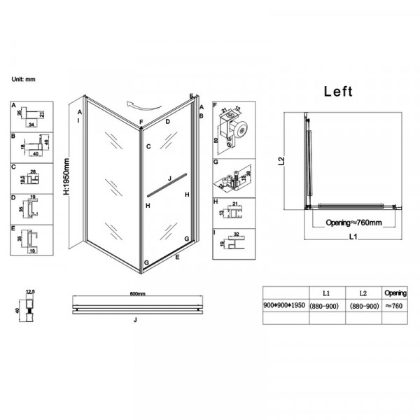Душова кабіна без піддону Koer SR SC09-90x90x200-L-TR-12 прозоре скло Easy Clean 6мм Матове золото (KR5684)
