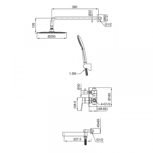 Вбудована душова система Koer KI-66016-02 (з нерж. сталі) (Колір нерж) (KR4792)