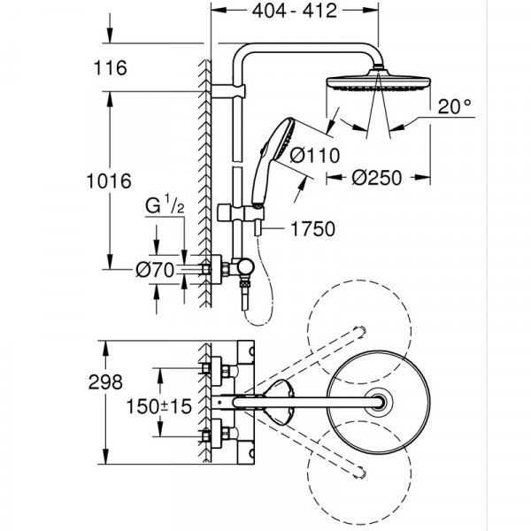 Душова система з термостатом для настінного монтажу Grohe Tempesta System 250 (26670001)
