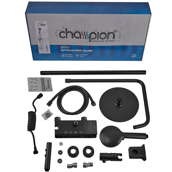 Душова колона зі змішувачем з кнопковим перемикачем з алюмінію CHAMPION PBD-009-J BLACK, 4 режими (CH6549)