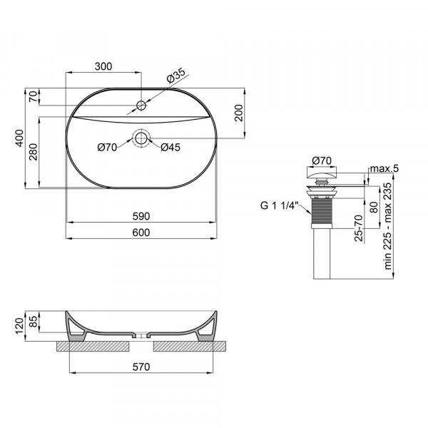 Раковина накладна Mixxus Premium ELLIPSE-0204 600х380х115mm з отвором під змішувач (MP6679)