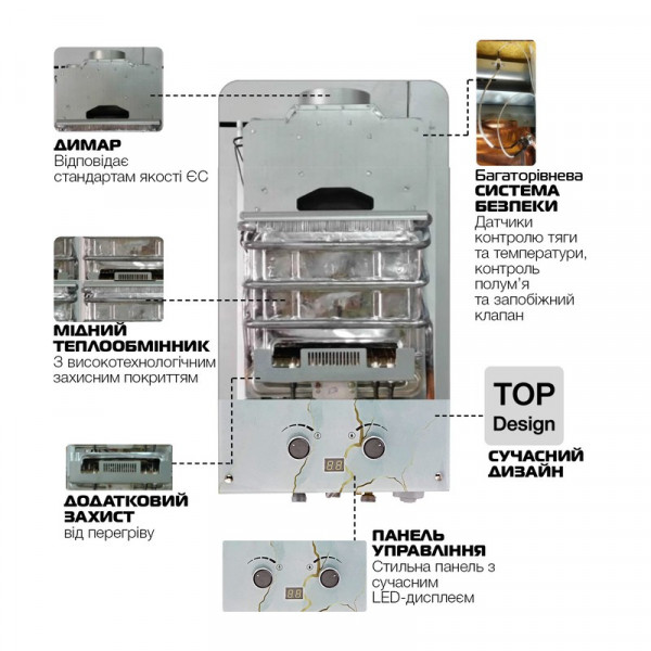 Газова колонка MIXXUS GWH-0510 BASIC GLASS димохідна 10 л/хв (панель зі скла з малюнком) (WH0026)