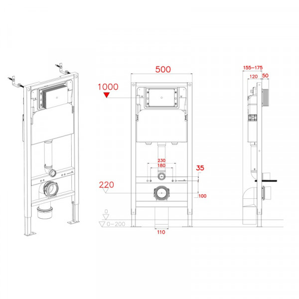 Інсталяція для підвісного унітазу Koer KT-0404 500x165x1125mm, без панелі змиву (KR5719)