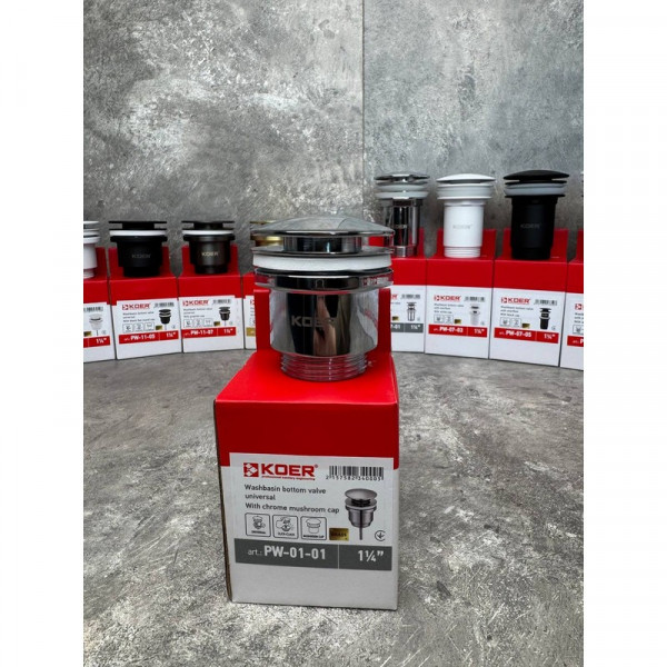Донний клапан для раковини універсальний (з/без переливу) Koer PW-01-01 автоматичний (Click-Clack) (Колір хром) 1 1/4'' (KR3400)