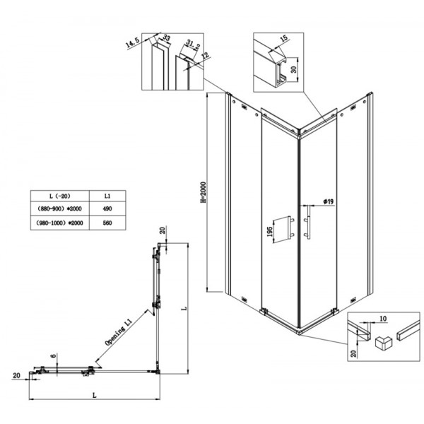 Душова кабіна без піддону Koer SR SC03-90x90x200-TR-07 прозоре скло Easy Clean 6мм, графіт (KR5359)