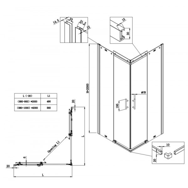 Душова кабіна без піддону Koer SR SC03-90x90x200-TR-12 прозоре скло Easy Clean 6мм, матове золото (KR5358)