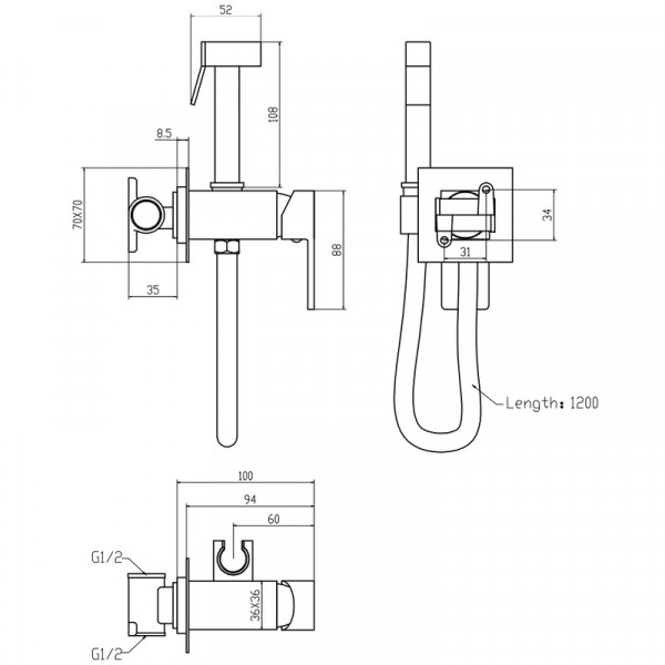 Змішувач для гігієнічного душу Mixxus Premium Kvadro 333 Inner з лійкою (MI6925)