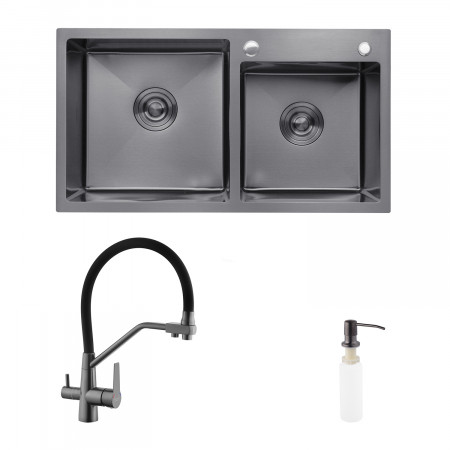 Комплект кухонная мойка Kroner Schwarze-7843ZHM PVD + смеситель Edelstahl Klassisch-PVD03817BLK + дозатор Spender-026
