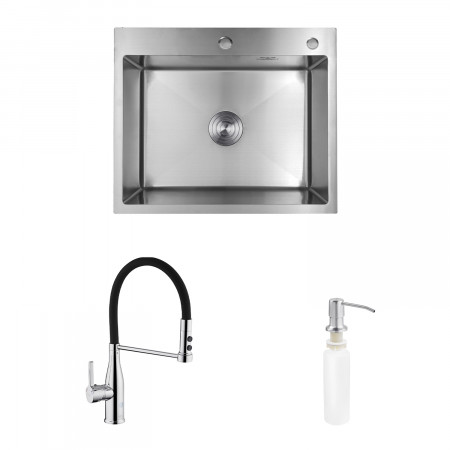 Комплект кухонная мойка Kroner Gebürstet-6050HM + смеситель Ersel-C03111BLK + дозатор Spender-016
