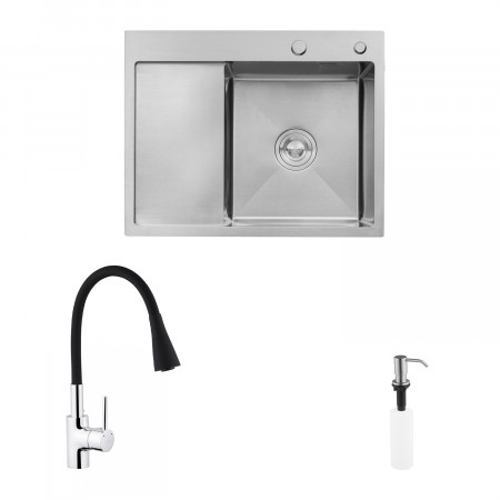 Комплект кухонная мойка Kroner Gebürstet-6350RHM + смеситель Küche-C031BLK + дозатор Spender-ECG049
