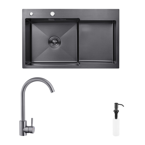 Комплект кухонна мийка Kroner Schwarze-7848LHM PVD + змішувач Edelstahl Klassisch-SCH035PVD + дозатор Spender-SCH049