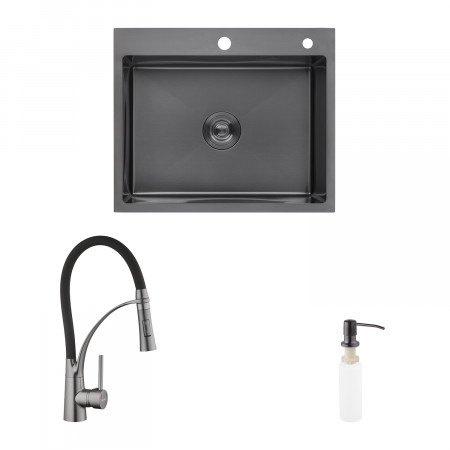 Комплект кухонная мойка Kroner Schwarze-6050HM PVD + смеситель Ersel - GRP03393BLK + дозатор Spender-026