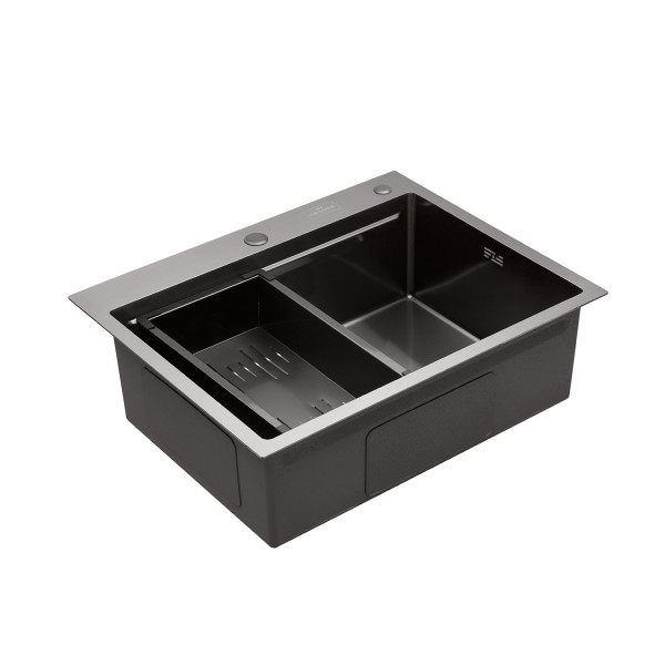Комплект кухонна мийка Kroner Schwarze-6350HM PVD + змішувач Edelstahl Klassisch-PVD03817BLK + дозатор Spender-026