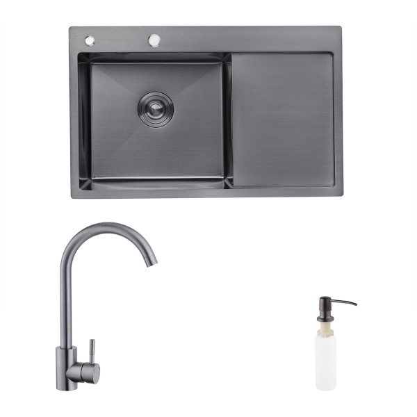 Комплект кухонна мийка Kroner Schwarze-7849LHM PVD + змішувач Edelstahl Klassisch-SCH035PVD + дозатор Spender-026