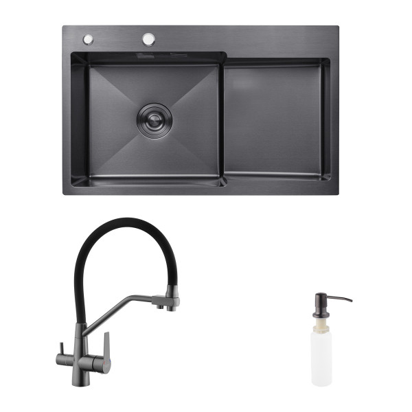 Комплект кухонна мийка Kroner Schwarze-7848LHM PVD + змішувач Edelstahl Klassisch-PVD03817BLK + дозатор Spender-026