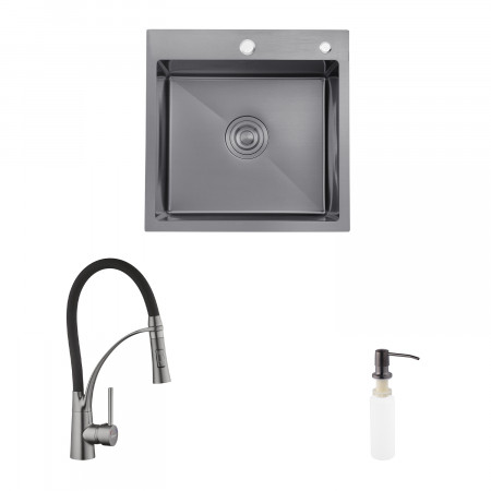 Комплект кухонная мойка Kroner Schwarze-5050HM PVD + смеситель Ersel-GRP03393BLK + дозатор Spender-026