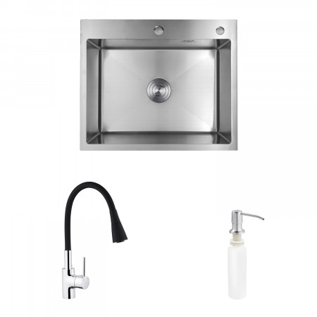 Комплект кухонная мойка Kroner Gebürstet-6050HM + смеситель Küche-C031BLK + дозатор Spender-016