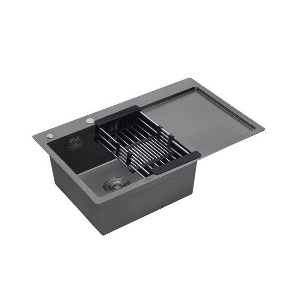 Комплект кухонна мийка Kroner Schwarze-7849LHM PVD + змішувач Edelstahl Klassisch-SCH035PVD + дозатор Spender-026