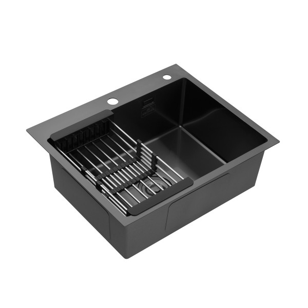Комплект кухонна мийка Kroner Schwarze-6050HM PVD + змішувач Ersel-GRP03393BLK + дозатор Spender-026