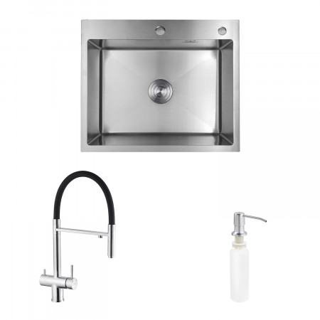 Комплект кухонная мойка Kroner Gebürstet-6050HM + смеситель Klassisch-ESG03815BLK + дозатор Spender-016