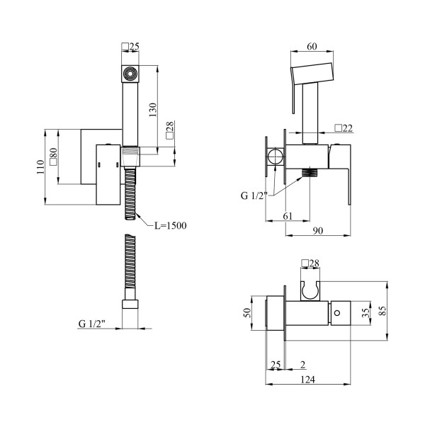 Набор 3 в 1 душова система Kroner Edelstahl Kubus-SCH082 + змішувач Edelstahl Kubus-SCH010 + змішувач Edelstahl Kubus-SCH053