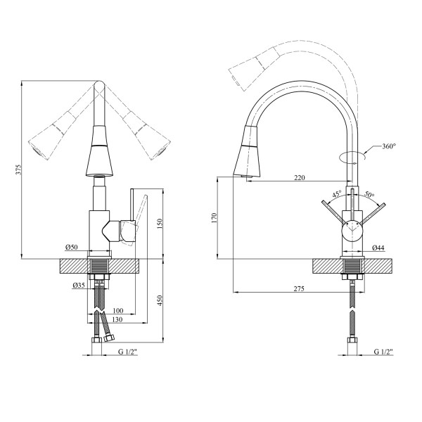 Комплект кухонна мийка Kroner Gebürstet-6350RHM + змішувач Küche-C031BLK + дозатор Spender-ECG049