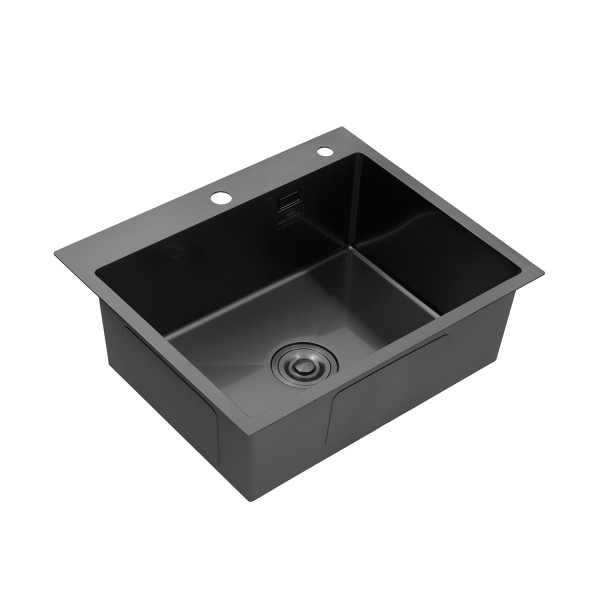 Комплект кухонна мийка Kroner Schwarze-6050HM PVD + змішувач Ersel-GRP03393BLK + дозатор Spender-026