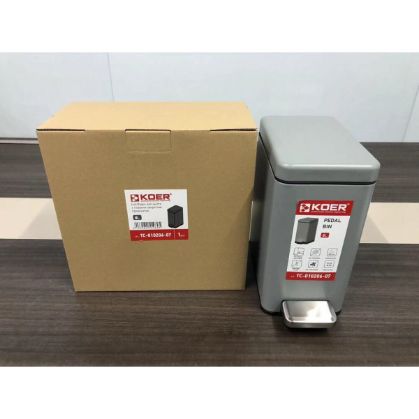Відро для сміття з плавним закриттям прямокутне KOER TC-010206-07 6 л (колір сірий) (KR5596)