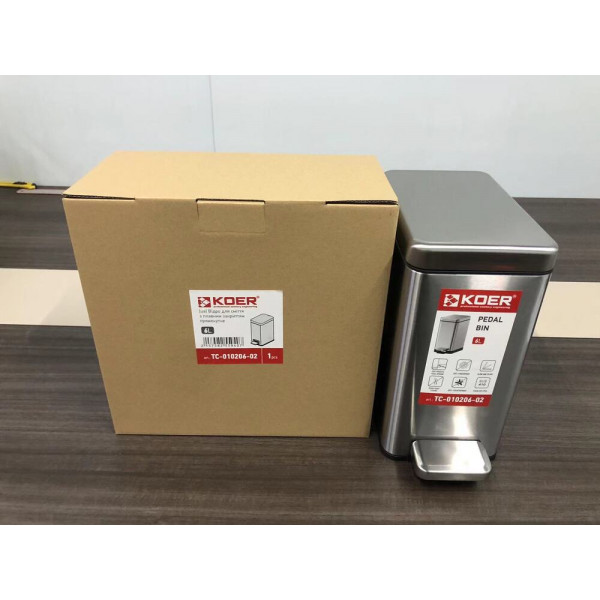 Відро для сміття з плавним закриттям прямокутне KOER TC-010206-02 6 л (колір нержавійка) (KR5594)