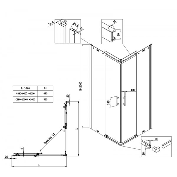 Душова кабіна без піддону Koer SR SC03-100x100x200-TR-01 прозоре скло Easy Clean 6мм, хром (KR5357)