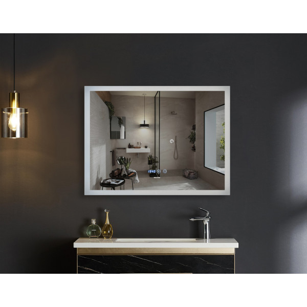 Дзеркало MIXXUS FLAT MR04-100x80 з LED Touch, Anti-fog, димером, рег. яскравості, годинником (MI6927)
