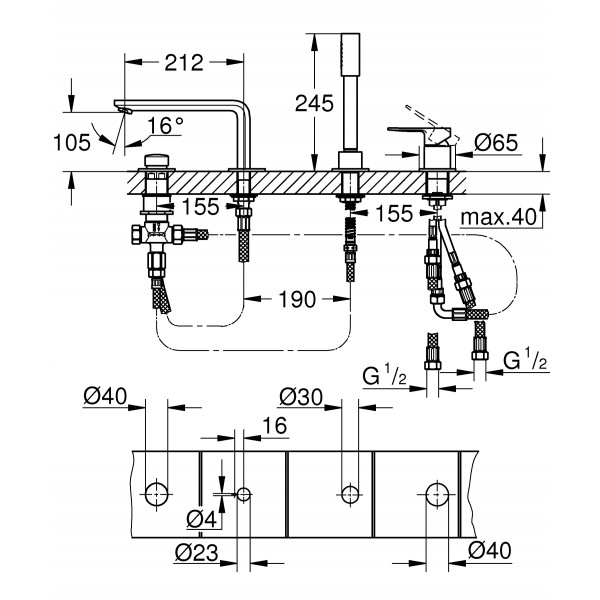 Однорычажный смеситель для ванны на 4 отверстия Grohe Lineare (19577001)