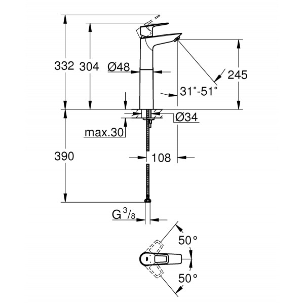 Змішувач на стільницю для раковини XL-розміру Grohe BauLoop New (23764001)