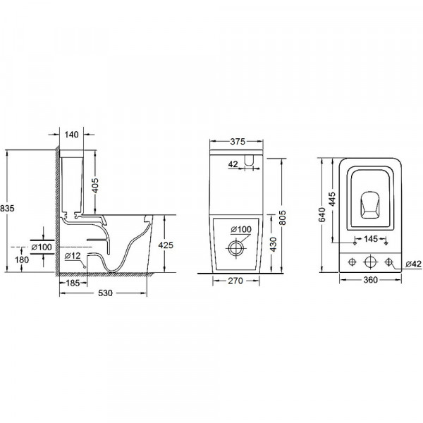 Чаша унитаза-компакта Mixxus Quadro-0403-R Bowl 640х360х835 Rimless без сиденья (MI8341)
