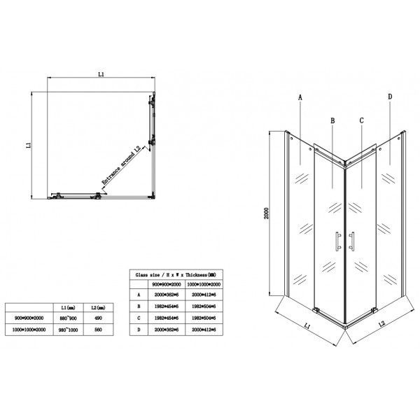 Душова кабіна без піддону Koer SR SC03-90x90x200-TR-12 прозоре скло Easy Clean 6мм, матове золото (KR5358)