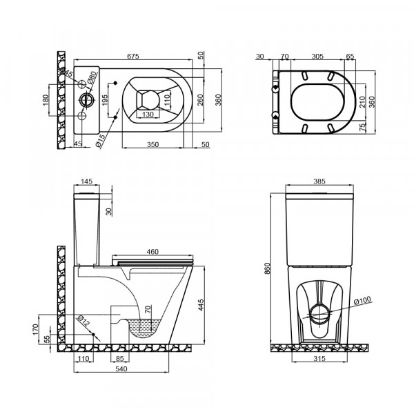 Чаша унитаза-компакта Mixxus Premium Bevel-0402-R Bowl 670х390х880 Rimless без сиденья (MI8354)