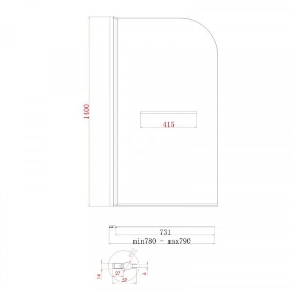 Шторки стеклянные на ванну распашные Koer SR BS02-80x140-TR-07 прозрачное стекло 6мм, графит (KR5941)
